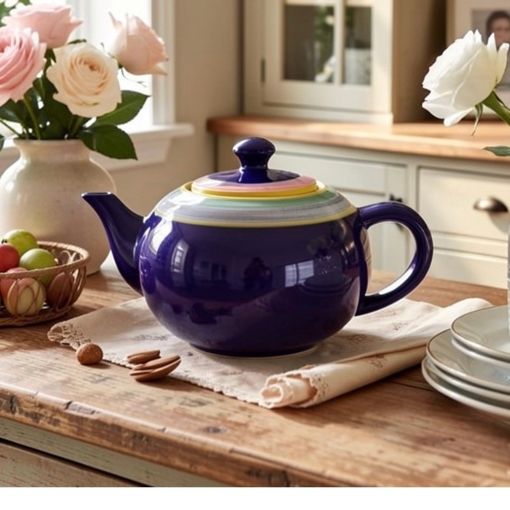 Vintage‎ Made In Italy Baldelli Pottery Teapot Stripe Cobalt Blue And Yellow 90s